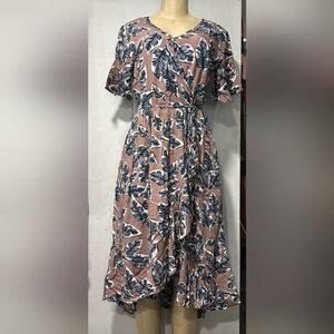 Chic Leaf Print Midi Dress in Pink and Blue